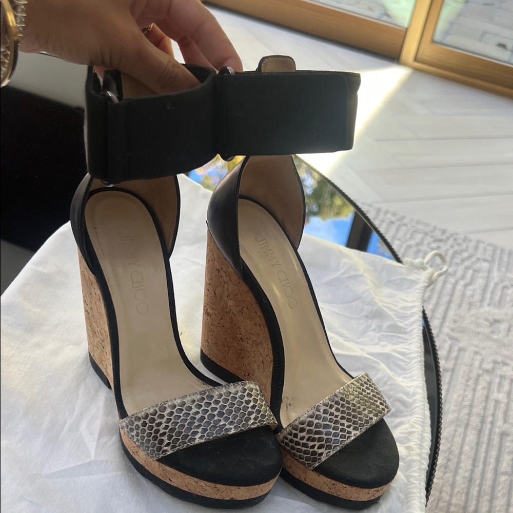 Jimmy Choo Black and Cream Wedge Sandals